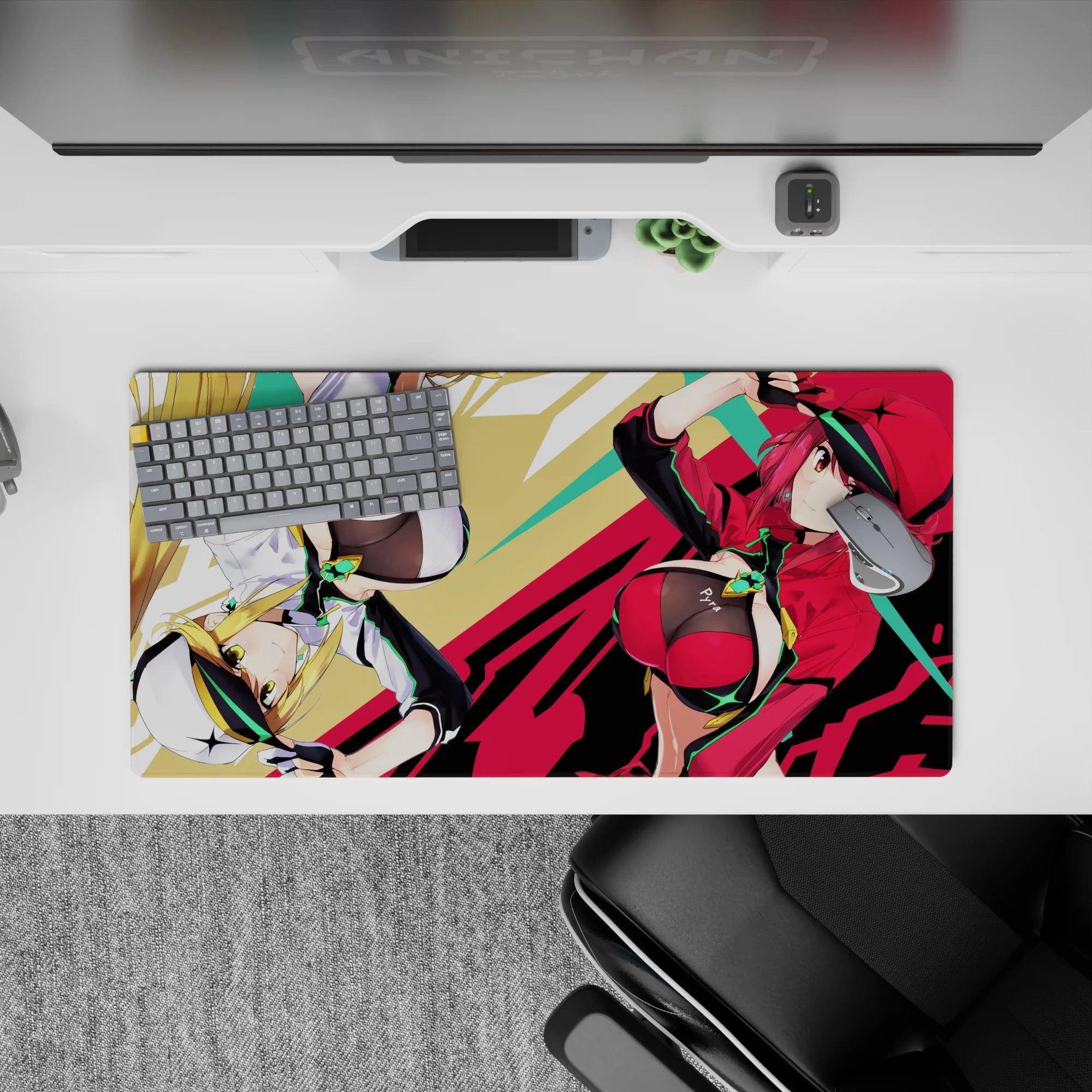 Neon green, glossy red and black anime girl mouse pad 32x16 inches with loud pop-art attitude.