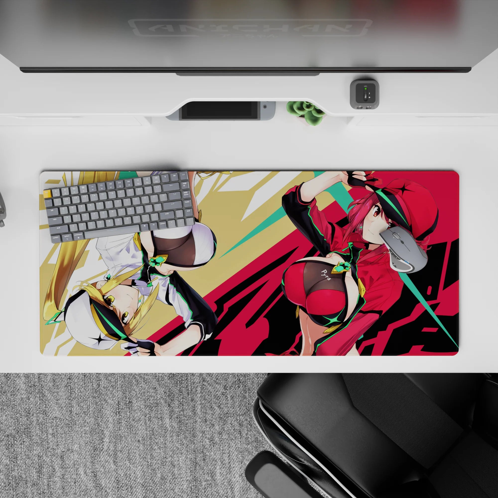 Neon green, red, and black anime girl desk pad 36x16 inches with loud arcade-cute attitude.
