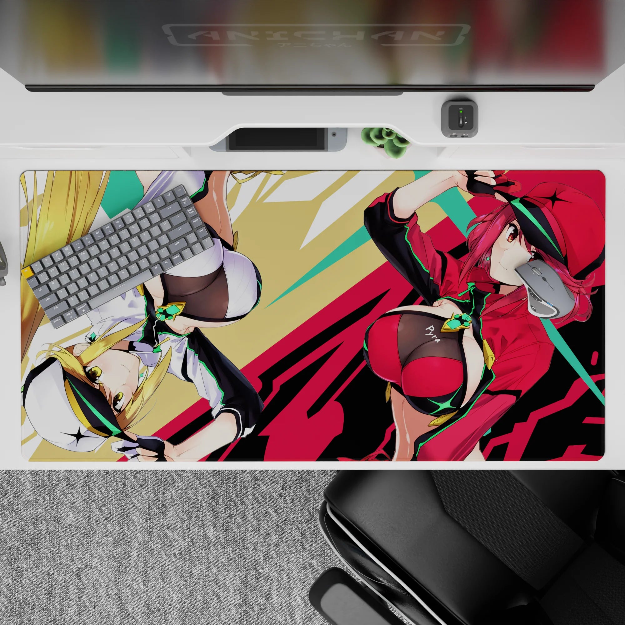 Neon green, glossy red and black anime girl desk pad with bold graphic streaks, 40x20 inches.