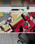 Neon green, glossy red and black anime girl desk pad with bold graphic streaks, 40x20 inches.