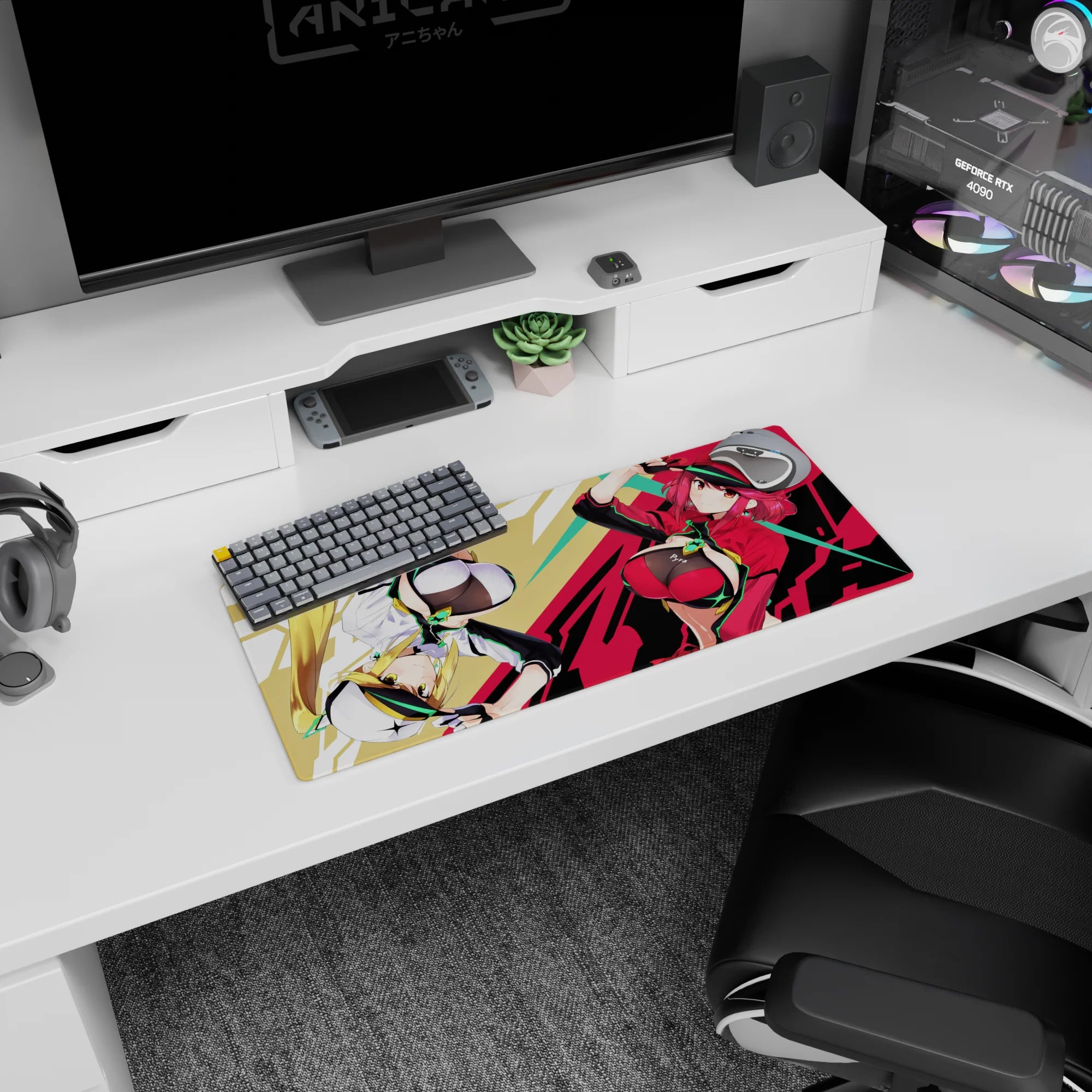 Two flipping sporty anime heroines on a desk mat mouse pad 28x12 inches, glossy pop-art backdrop.