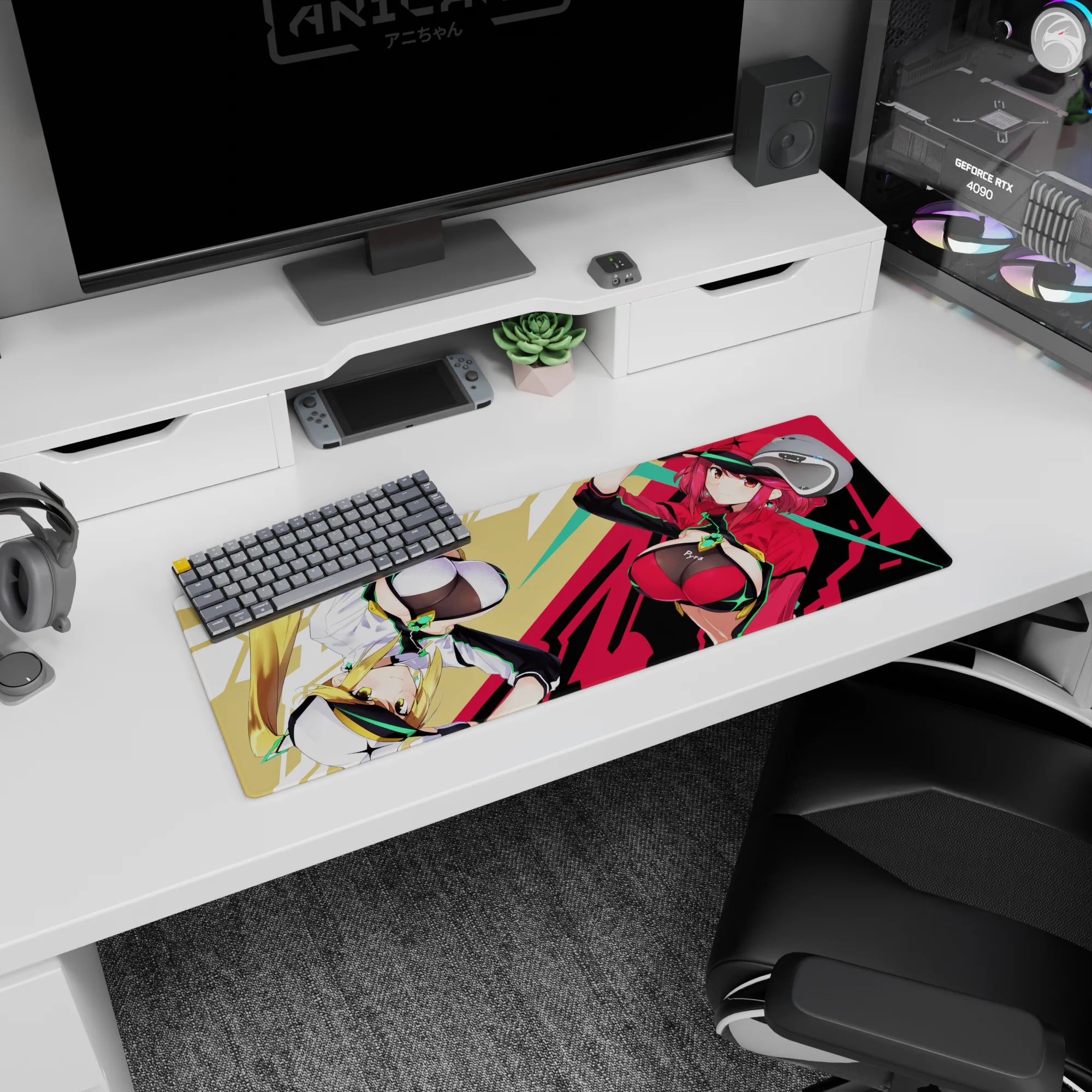 Two sporty anime heroines flipping in action on a 32x12 inches mouse pad with sharp graphic streaks.
