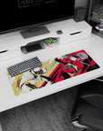 Two sporty anime heroines flipping in action on a 32x12 inches mouse pad with sharp graphic streaks.