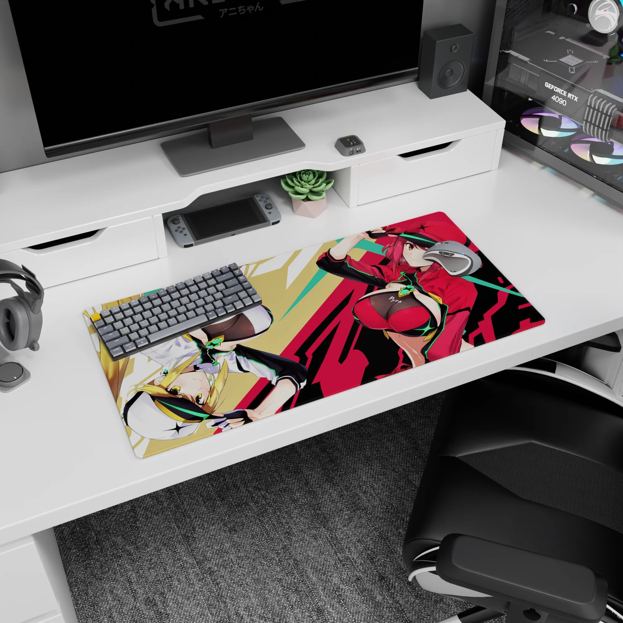 Two flipping sporty anime girls on a desk mat mouse pad 32x16 inches, sharp streaks and poster-like backdrop.