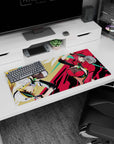 Two flipping sporty anime girls on a desk mat mouse pad 32x16 inches, sharp streaks and poster-like backdrop.
