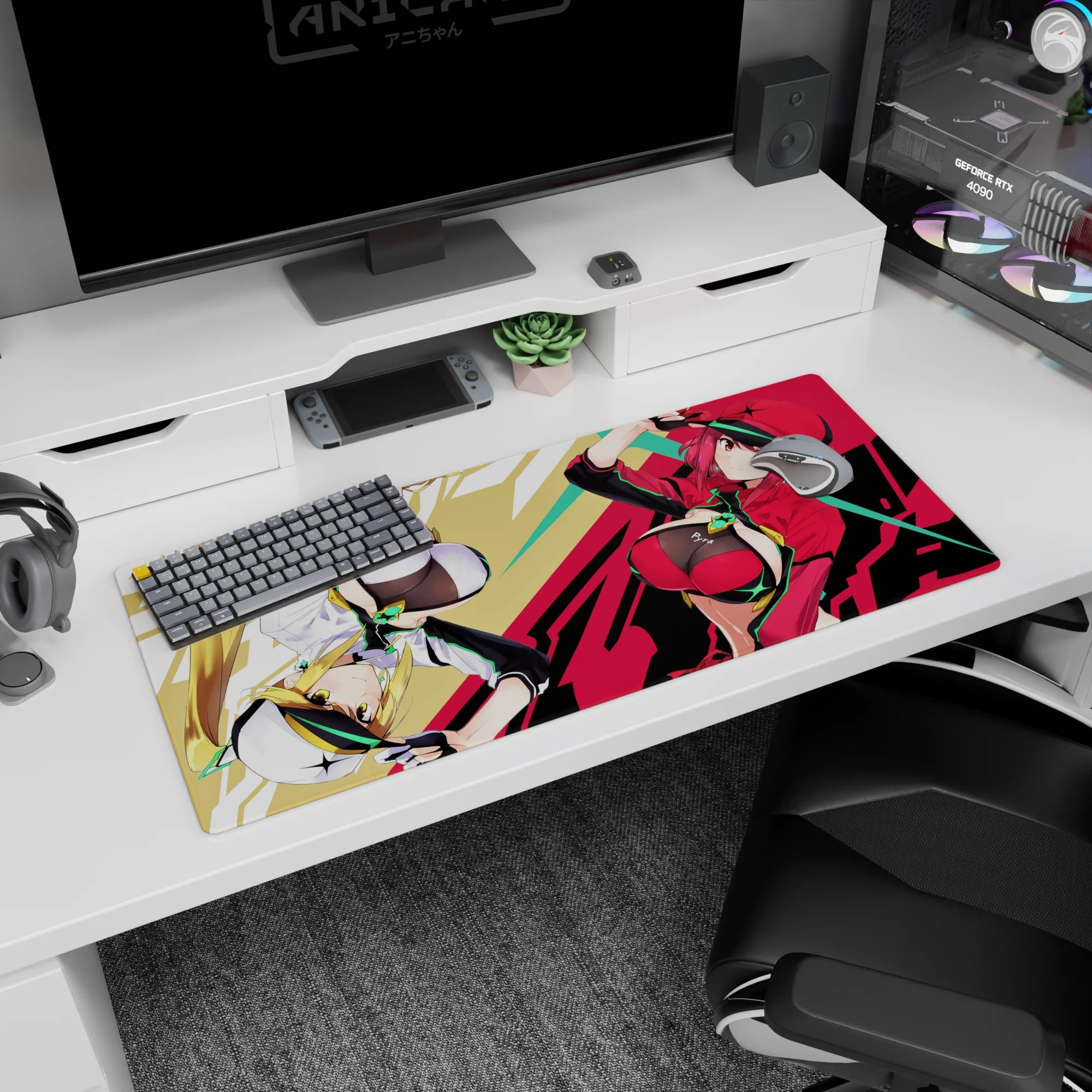 Two sporty anime heroines flipping in motion on a desk pad 36x16 inches, glossy pop-art scene.