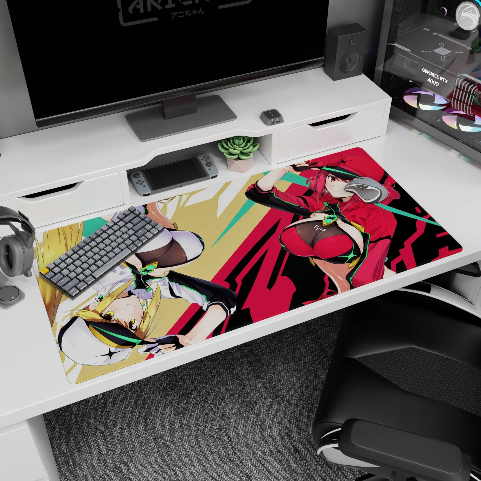 Two sporty anime heroines flipping across a pop-art scene on a desk pad, 40x20 inches.