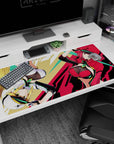 Two sporty anime heroines flipping across a pop-art scene on a desk pad, 40x20 inches.
