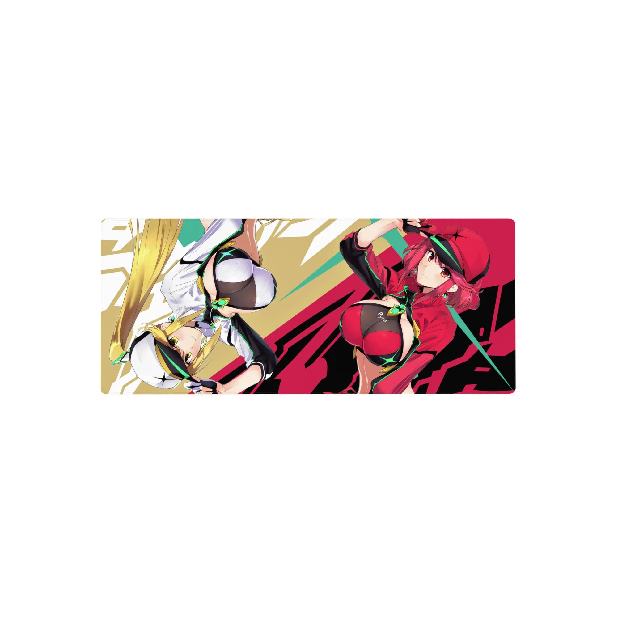 Arcade-cute anime girl mouse pad 28x12 inches with sporty heroines and pop-art graphic streaks.