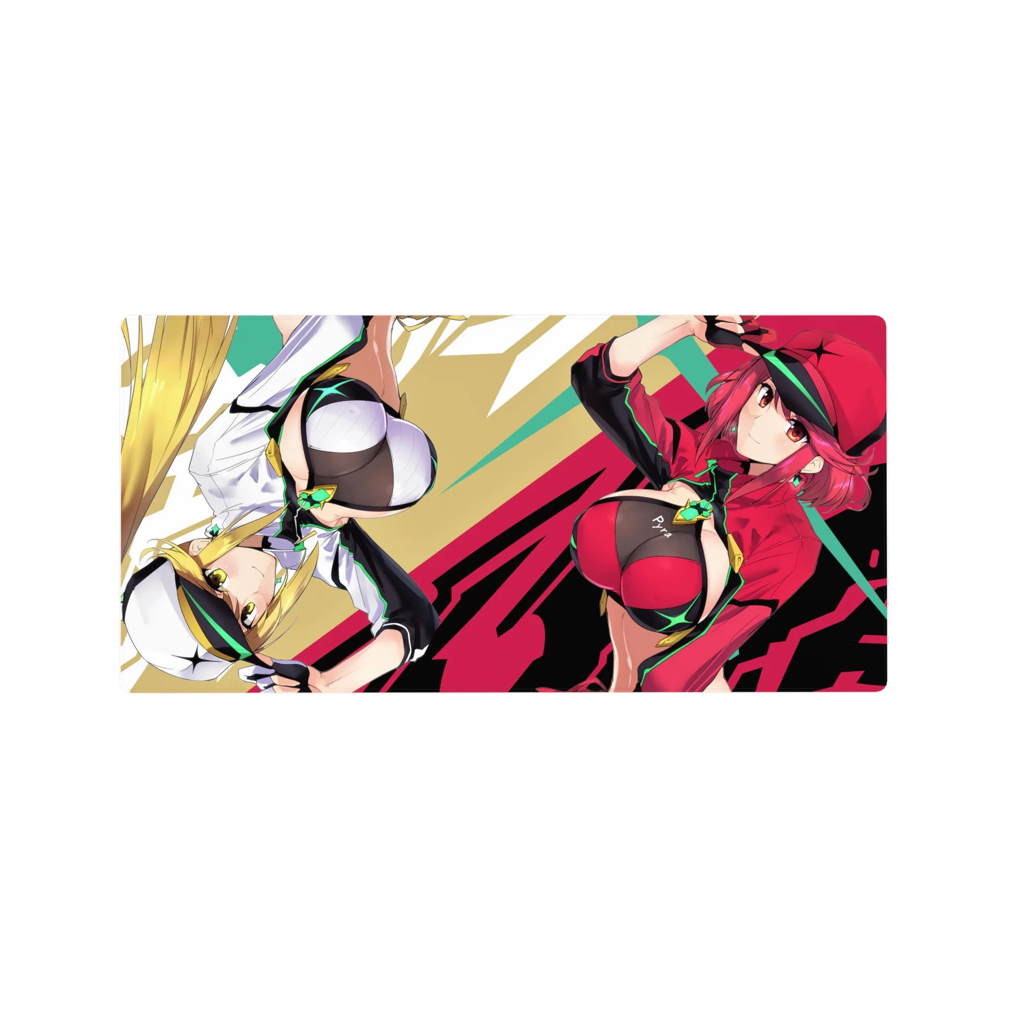 Arcade-cute anime girl mouse pad 32x16 inches with two sporty heroines and pop-art graphic streaks.