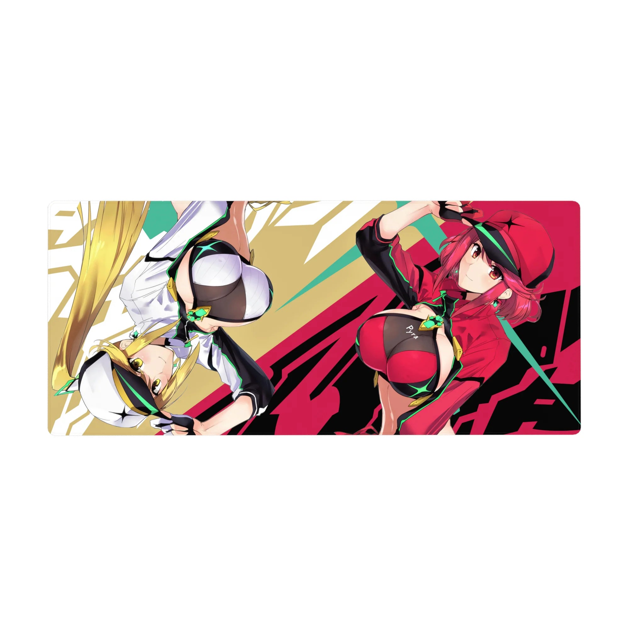 Anime girl desk pad 36x16 inches with arcade-pop art backdrop, sporty duo, bold graphic streaks.
