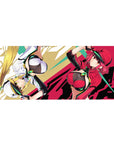 Anime girl desk pad 36x16 inches with arcade-pop art backdrop, sporty duo, bold graphic streaks.