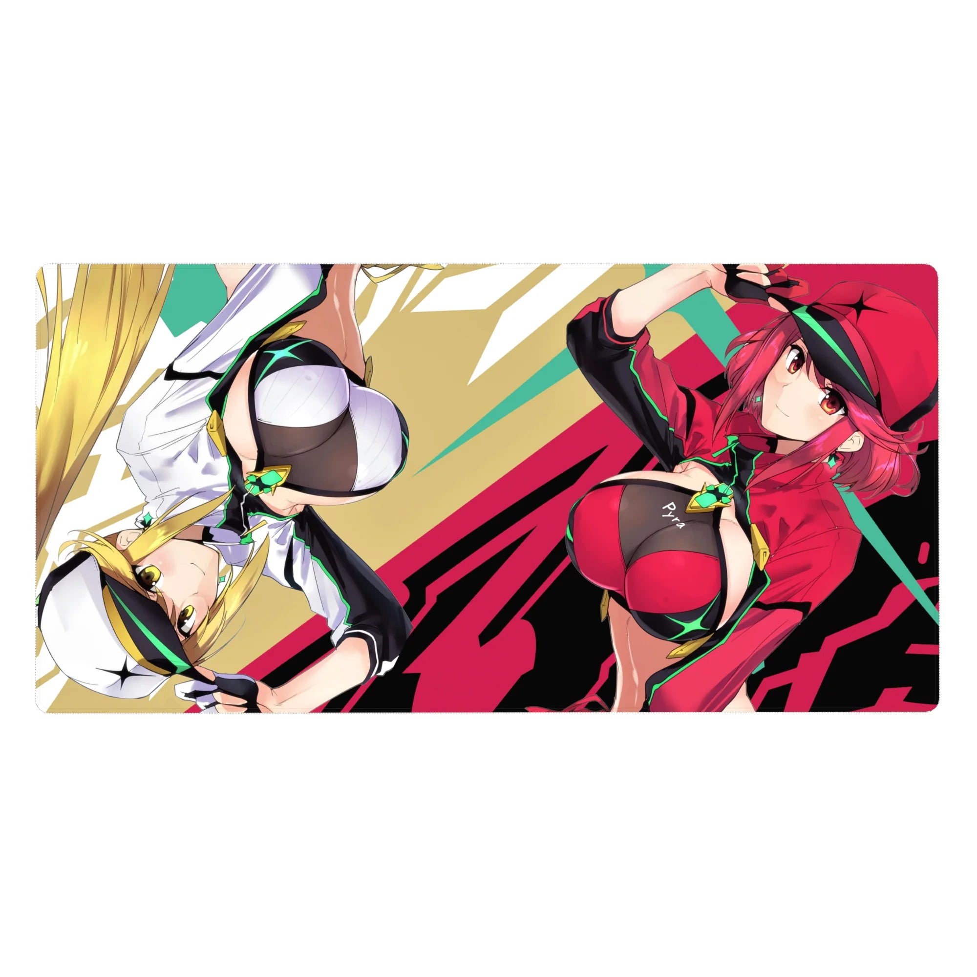 Arcade-cute anime girl desk pad, pop-art backdrop with sporty heroines, 40x20 inches.