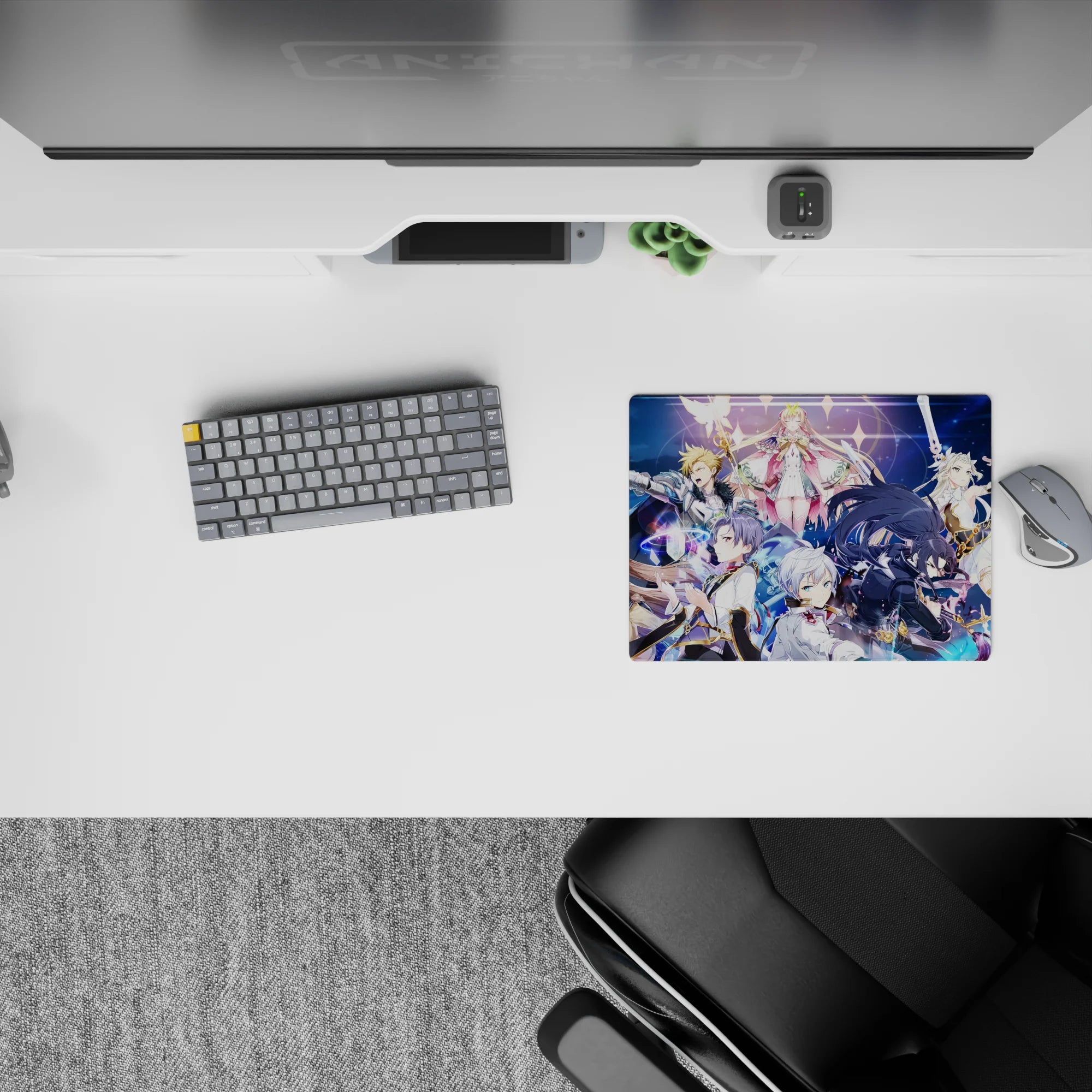 Vibrant 14x10 inches anime girl mouse pad in deep blues, sparkles, gold trims, and glowing swords.