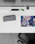Vibrant 14x10 inches anime girl mouse pad in deep blues, sparkles, gold trims, and glowing swords.