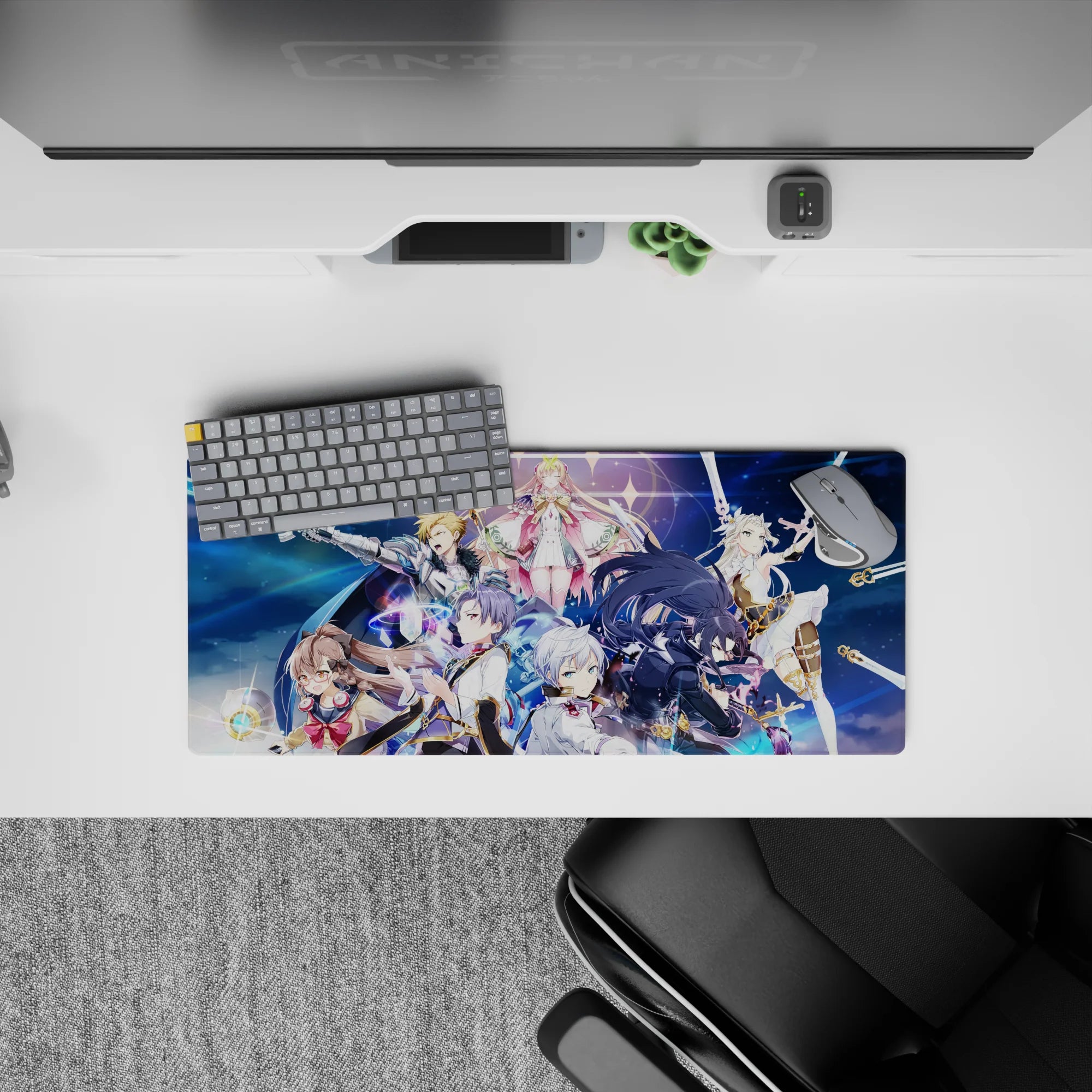 28x12 inches anime girl mouse pad in deep blues with sparkles, gold trims, and a bold dramatic vibe.