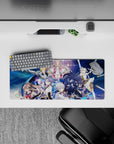 28x12 inches anime girl mouse pad in deep blues with sparkles, gold trims, and a bold dramatic vibe.