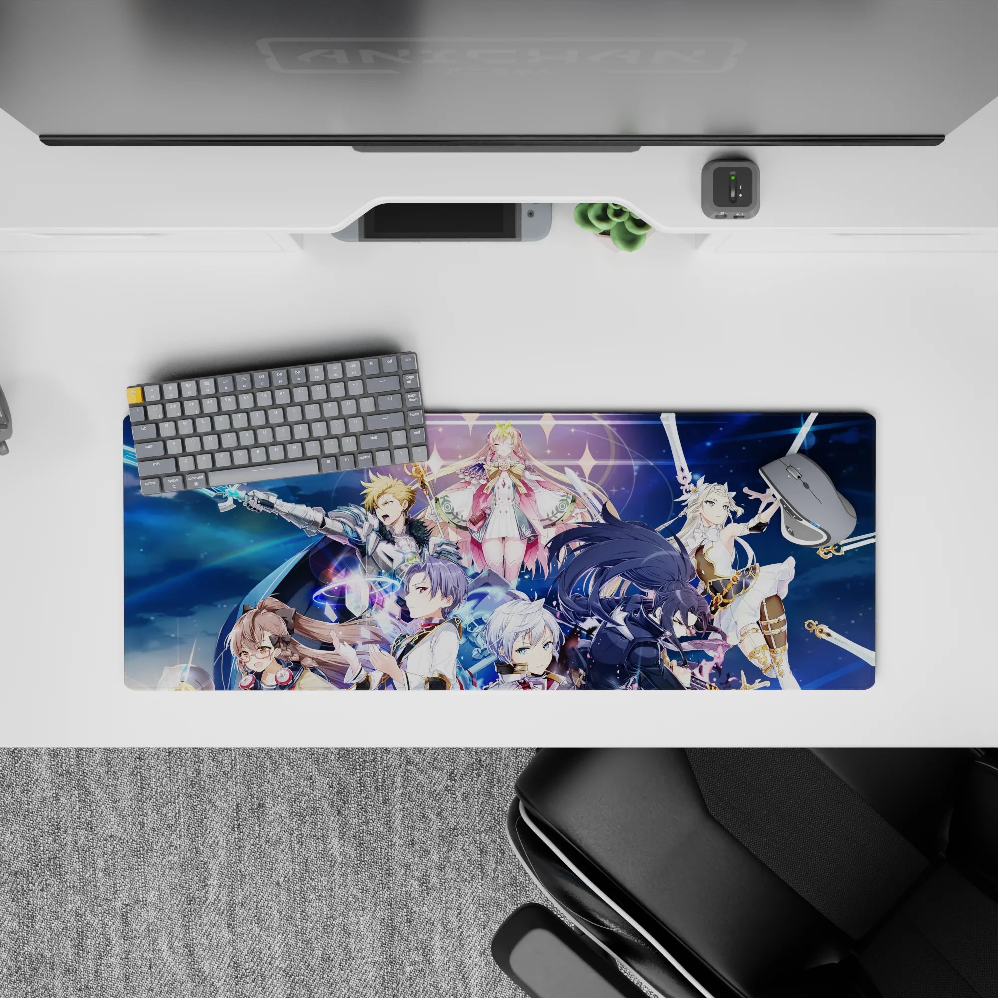 32x12 inches anime girl mouse pad in deep blues with sparkles, neon magic rings, gold trims, dramatic vibe.