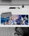 32x12 inches anime girl mouse pad in deep blues with sparkles, neon magic rings, gold trims, dramatic vibe.
