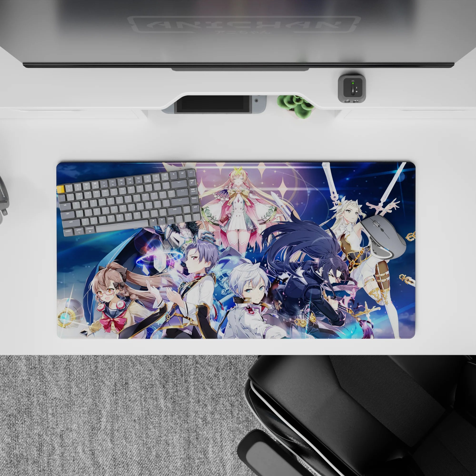 32x16 inches anime girl mouse pad in deep blues with sparkles, gold trims, and a bold dramatic vibe.