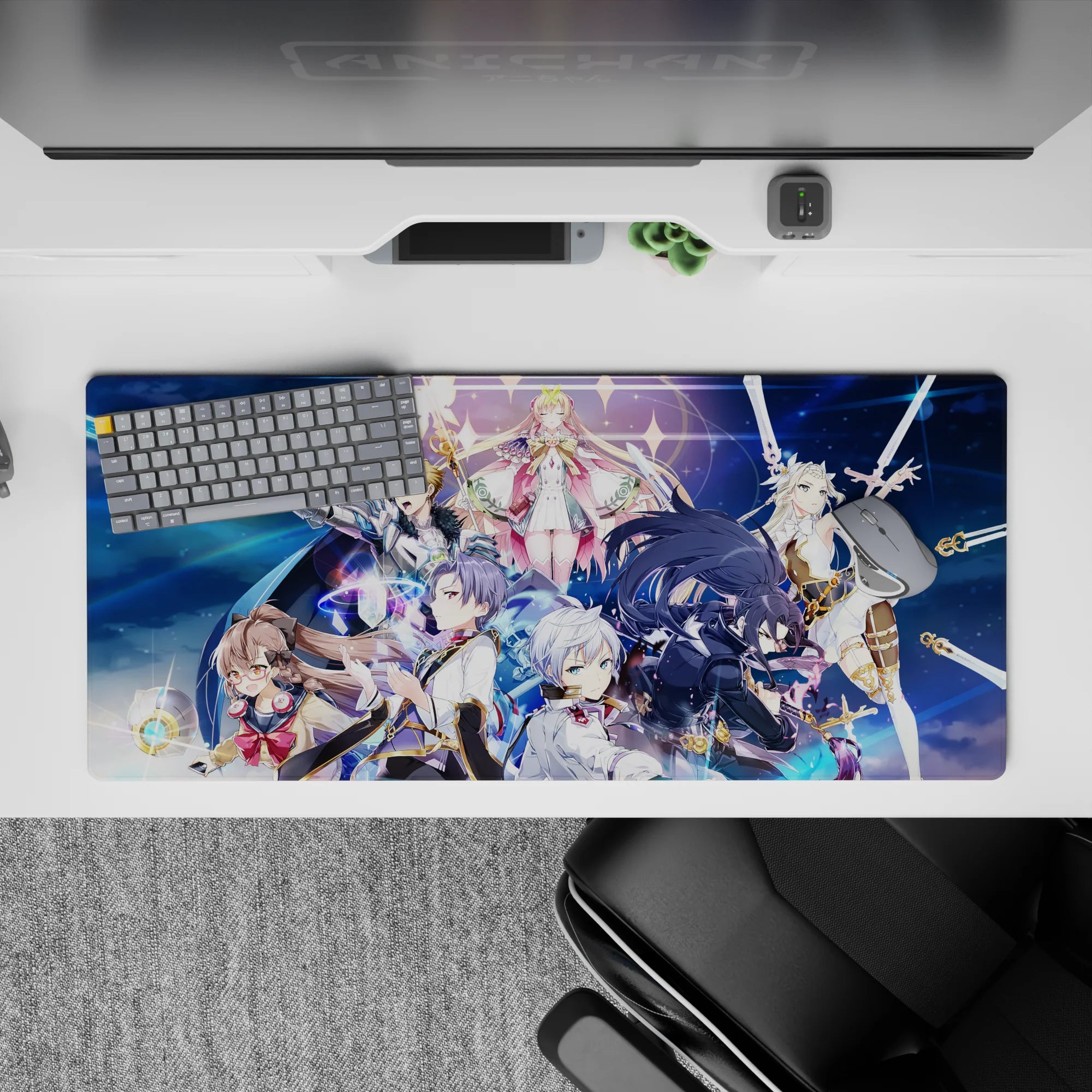 Anime girl desk pad 36x16 inches in deep blues with sparkles, neon glow, gold trim, bold dramatic vibe.