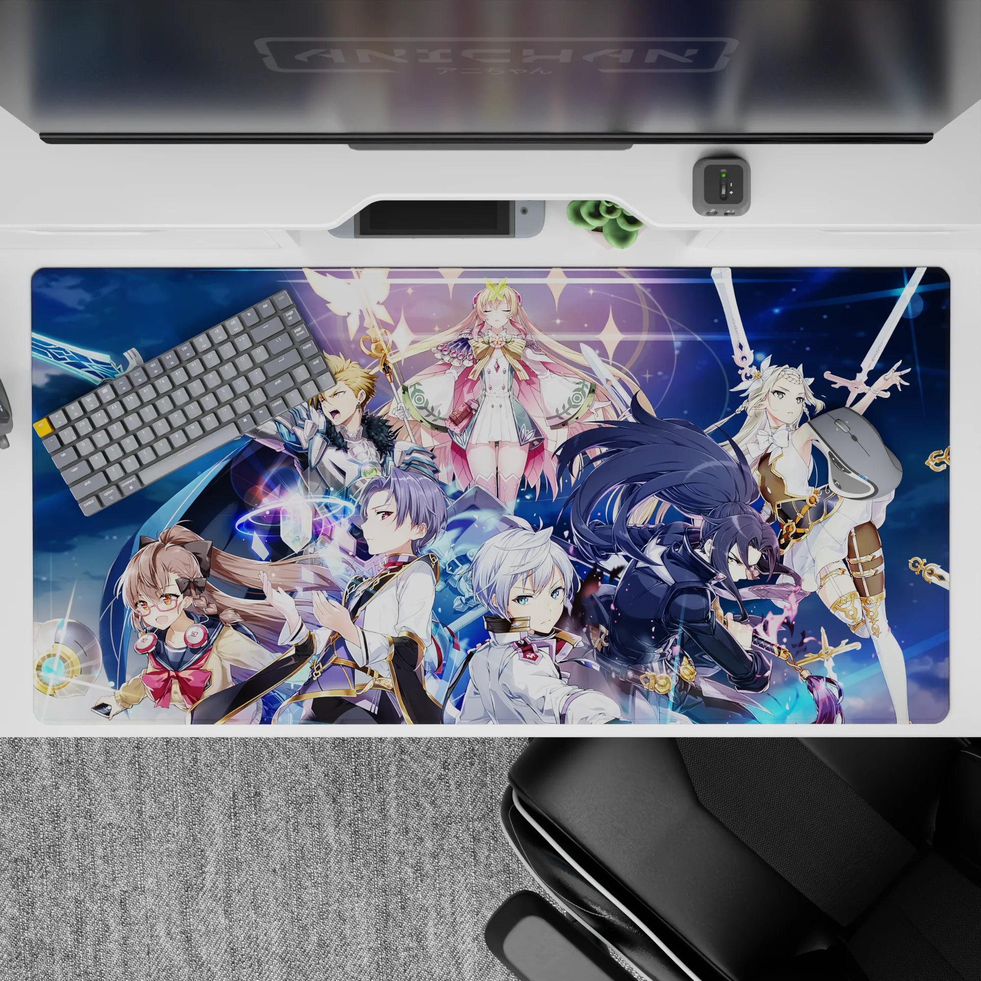 Anime girl desk pad 40x20 inches in deep blues with sparkles, gold trim, and dramatic neon magic glow.