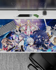 Anime girl desk pad 40x20 inches in deep blues with sparkles, gold trim, and dramatic neon magic glow.