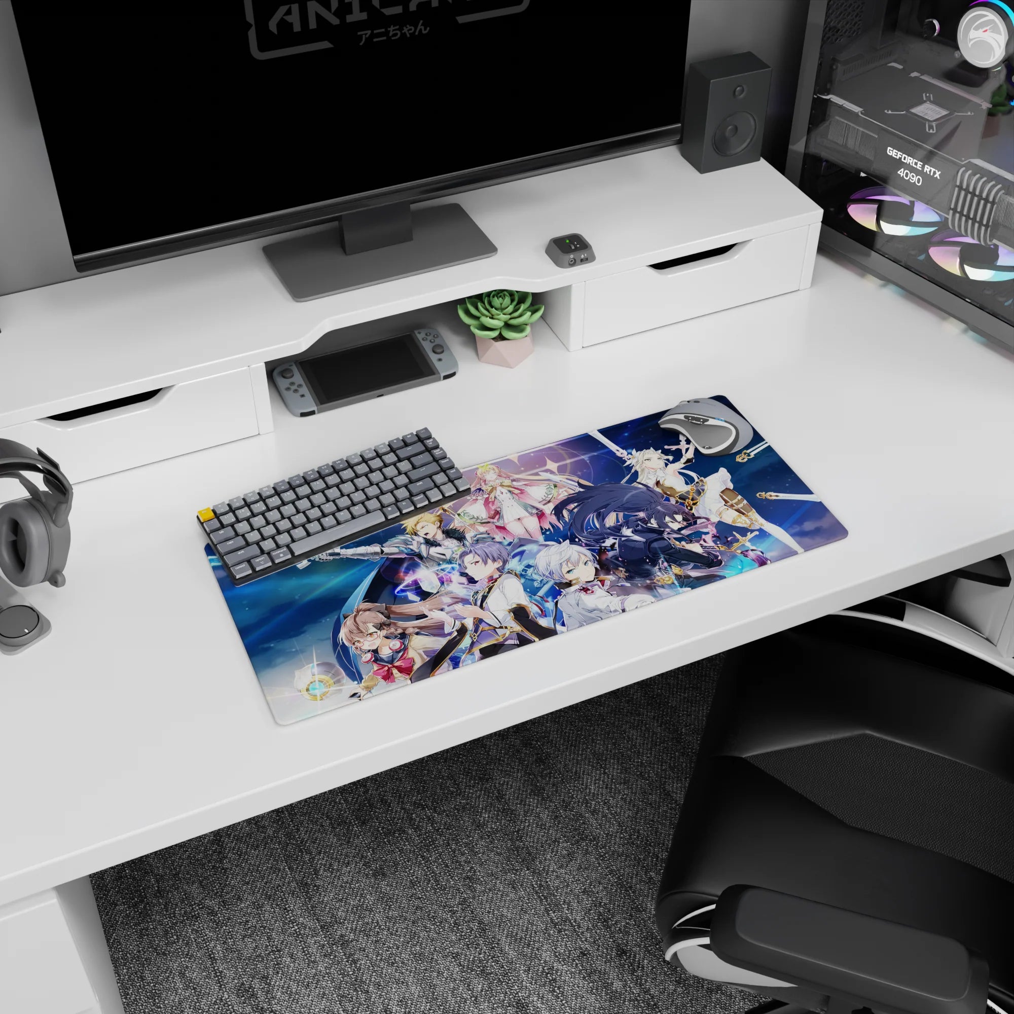 28x12 inches anime girl mouse pad featuring silver-haired heroine, pink cape queen, and black-armored fighter.