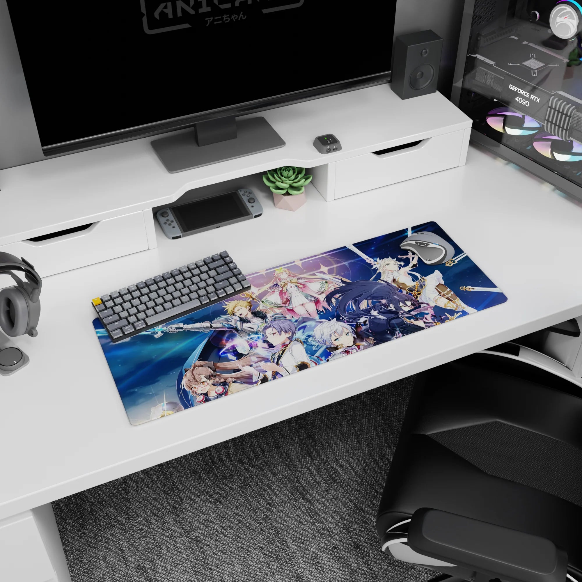32x12 inches anime girl mouse pad with silver-haired warrior and pink cape queen above a black-armored fighter.