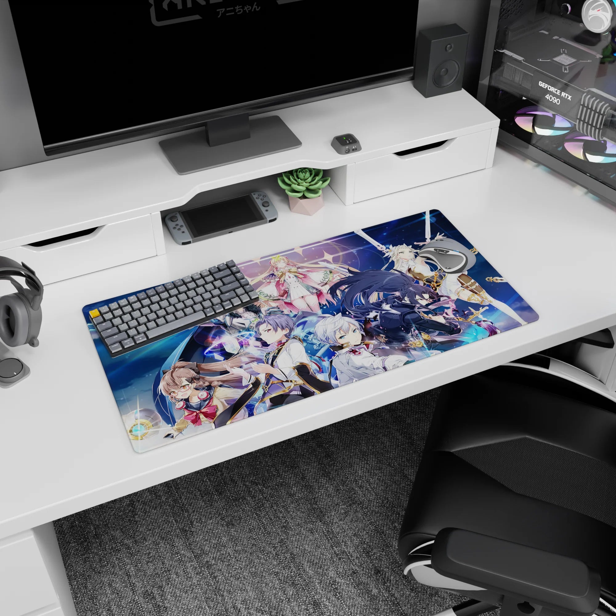 32x16 inches anime girl mouse pad with silver-haired heroine, pink cape queen, and black-armored fighter.