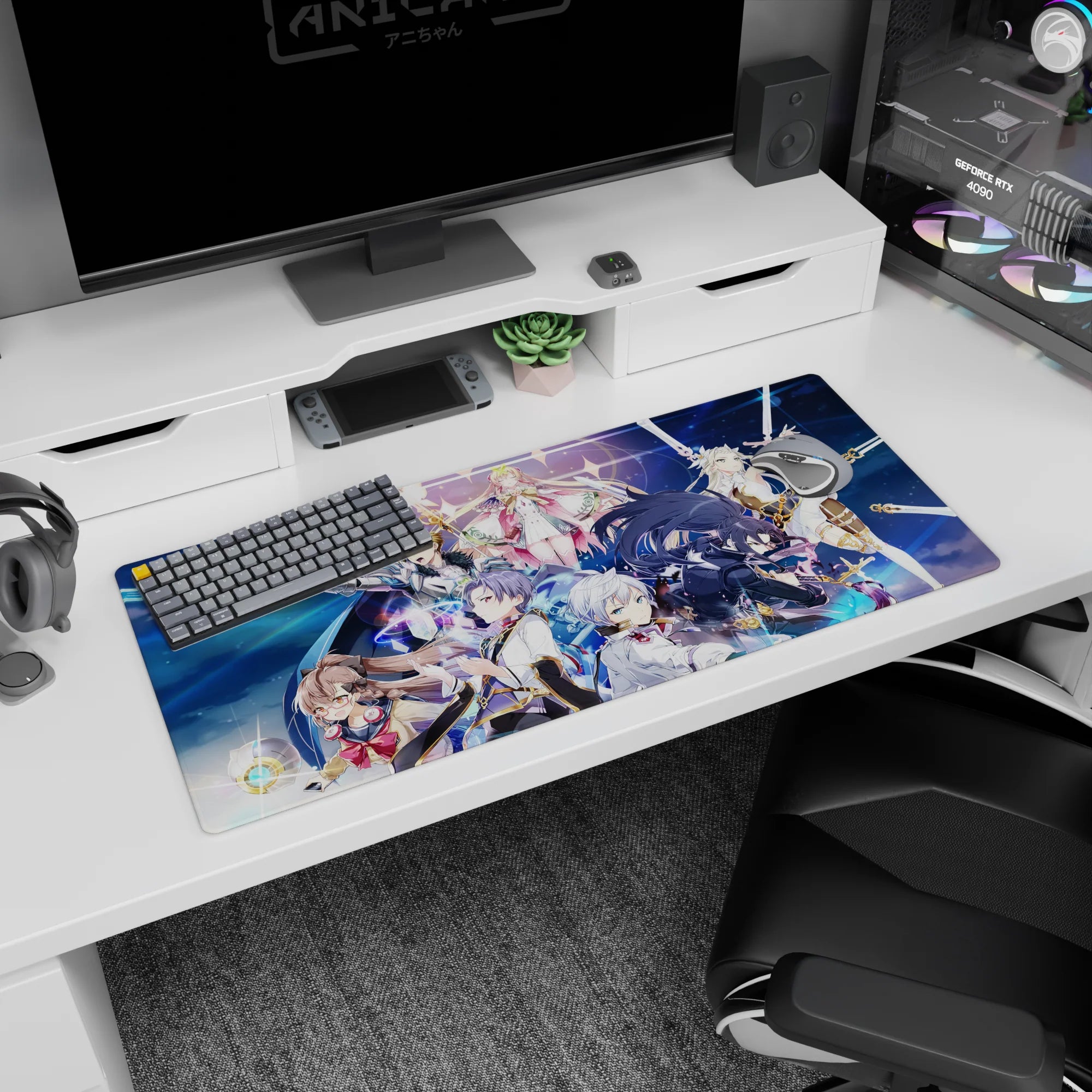 Anime girl desk pad 36x16 inches featuring silver-haired fighter, pink-caped queen, and black-armored warrior.