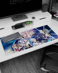 Anime girl desk pad 36x16 inches featuring silver-haired fighter, pink-caped queen, and black-armored warrior.