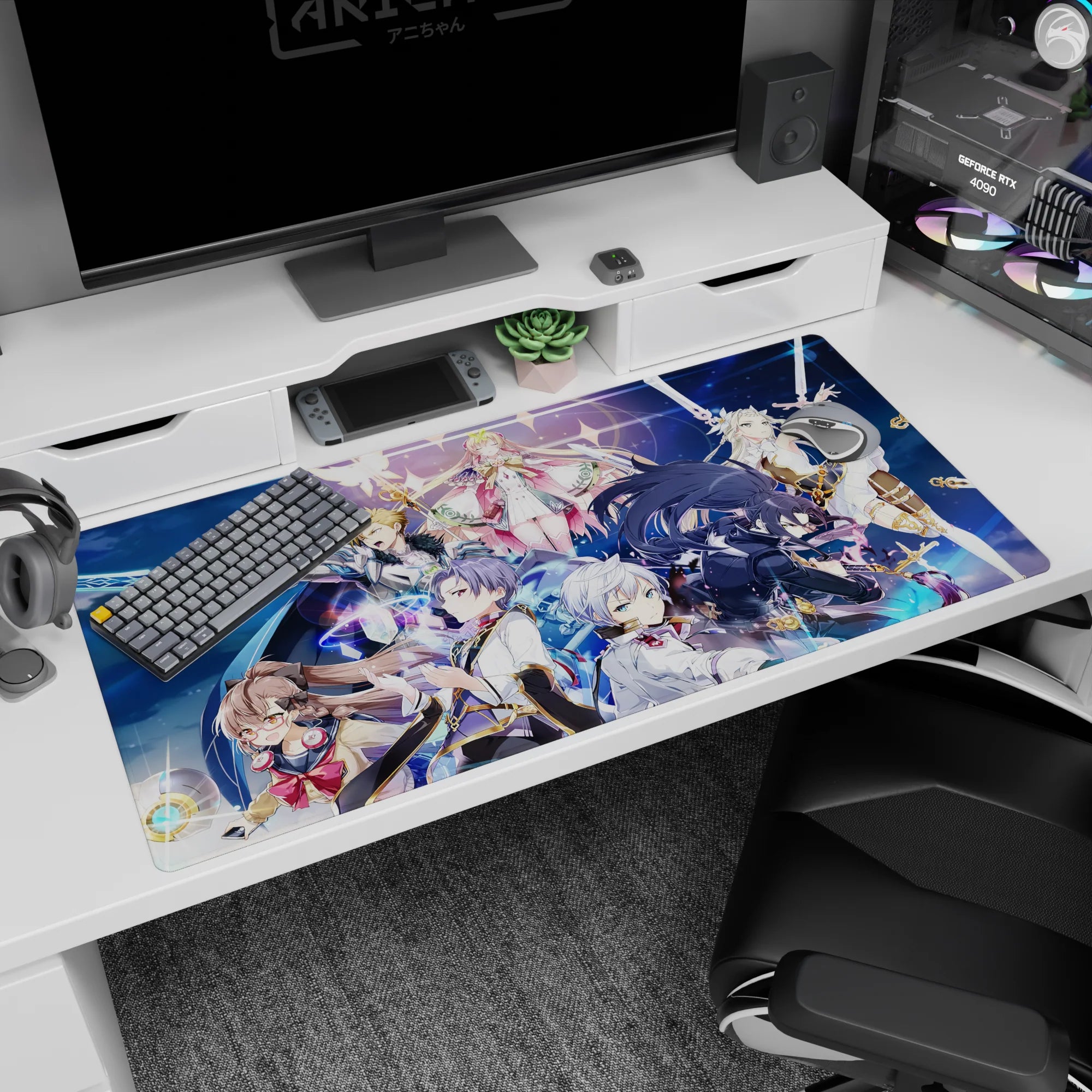 Anime girl desk pad 40x20 inches featuring silver-haired heroine, pink cape queen, and black-armored fighter.