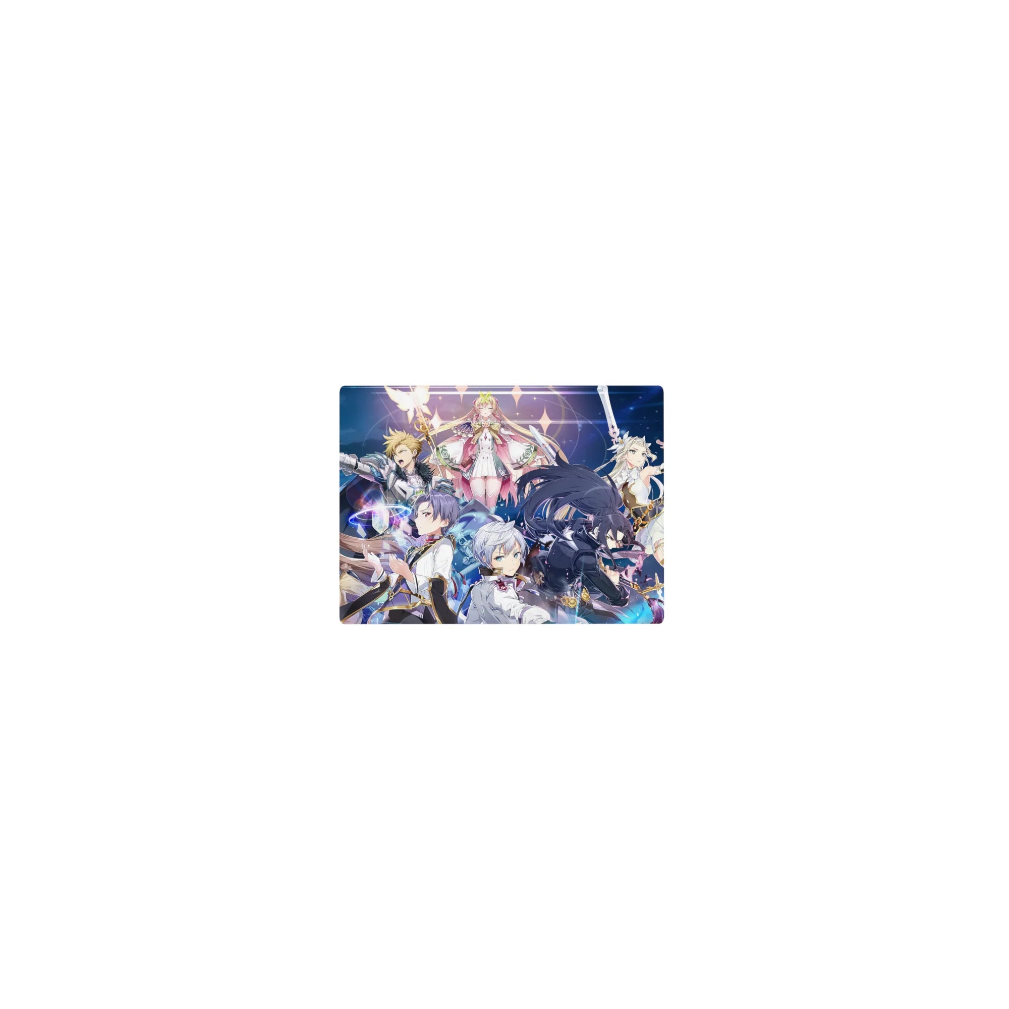 Classic anime girl mouse pad 14x10 inches with heroic squad, silver hair, pink cape, neon magic rings.