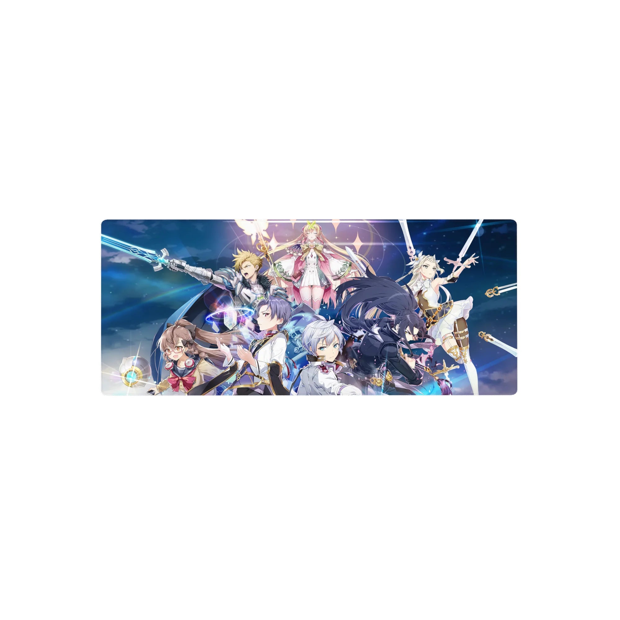 28x12 inches anime girl mouse pad with fantasy skydive squad, neon magic rings, swords, and uniforms.