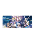 28x12 inches anime girl mouse pad with fantasy skydive squad, neon magic rings, swords, and uniforms.