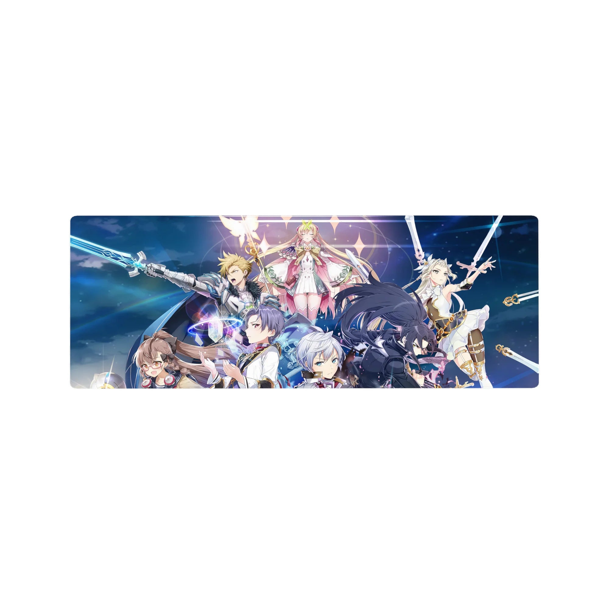 32x12 inches anime girl mouse pad with fantasy skydive squad, heroes, neon rings, and glowing swords.