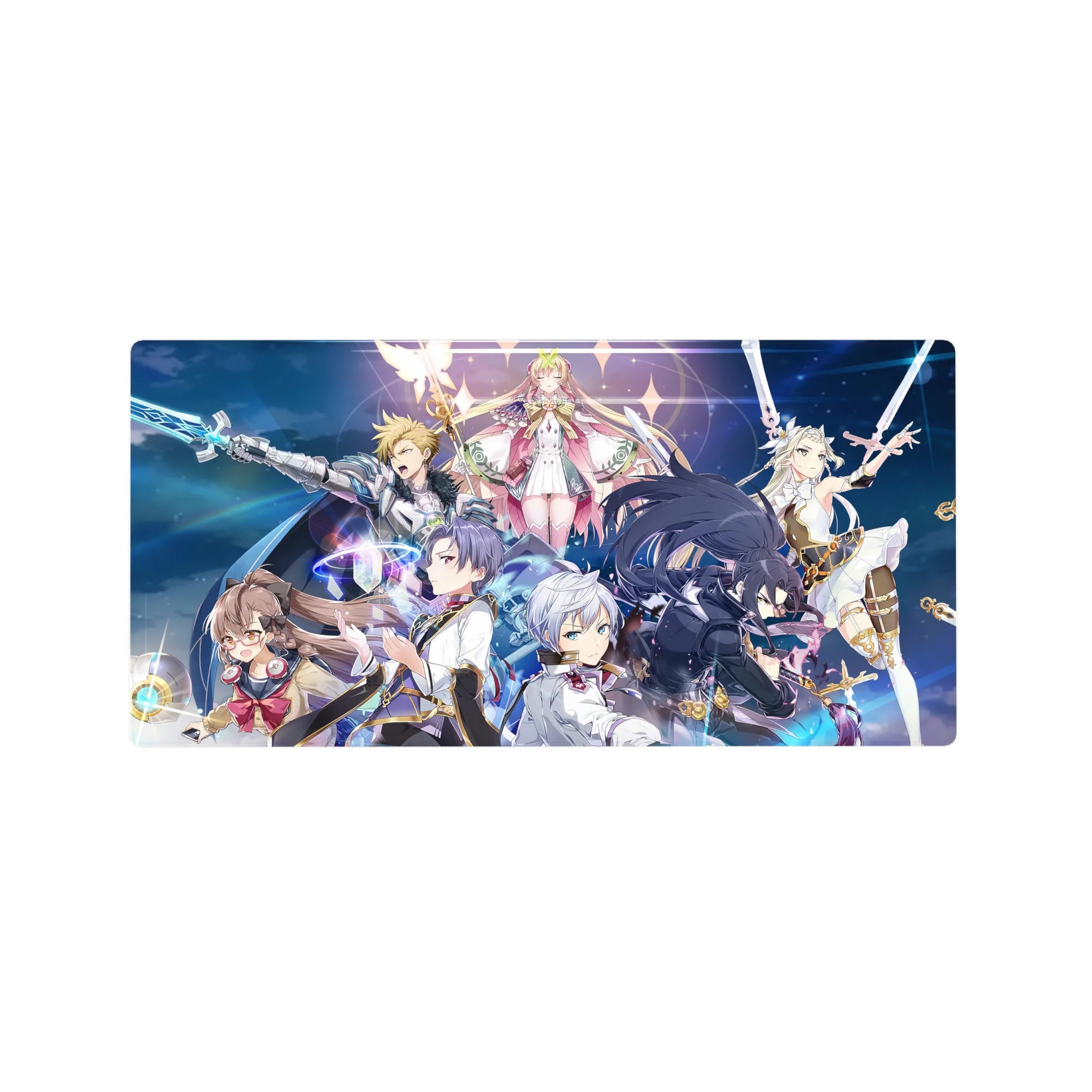 32x16 inches anime girl mouse pad with fantasy skydive squad, neon magic rings, swords, and uniforms.