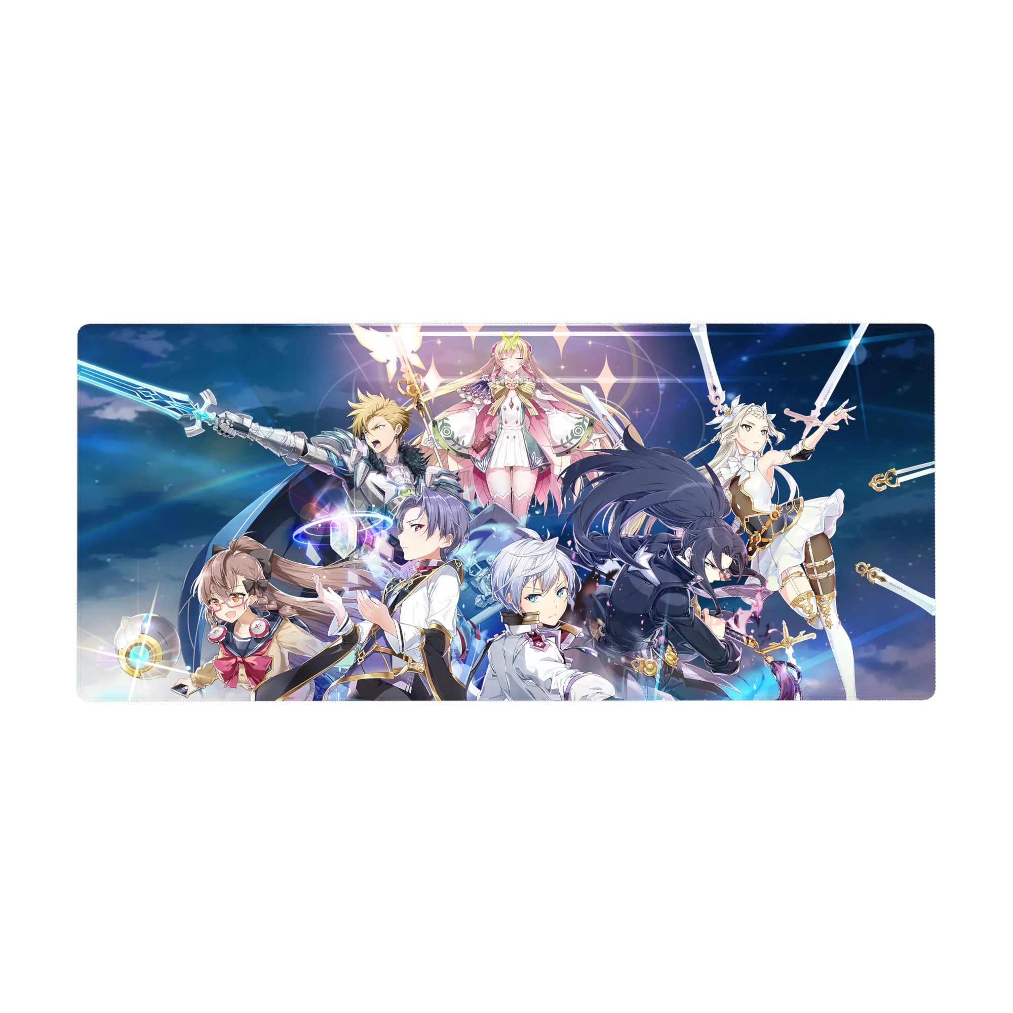 Anime girl desk pad 36x16 inches with fantasy skydive squad, heroes, swords, and neon magic rings.