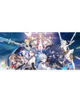 Anime girl desk pad 36x16 inches with fantasy skydive squad, heroes, swords, and neon magic rings.