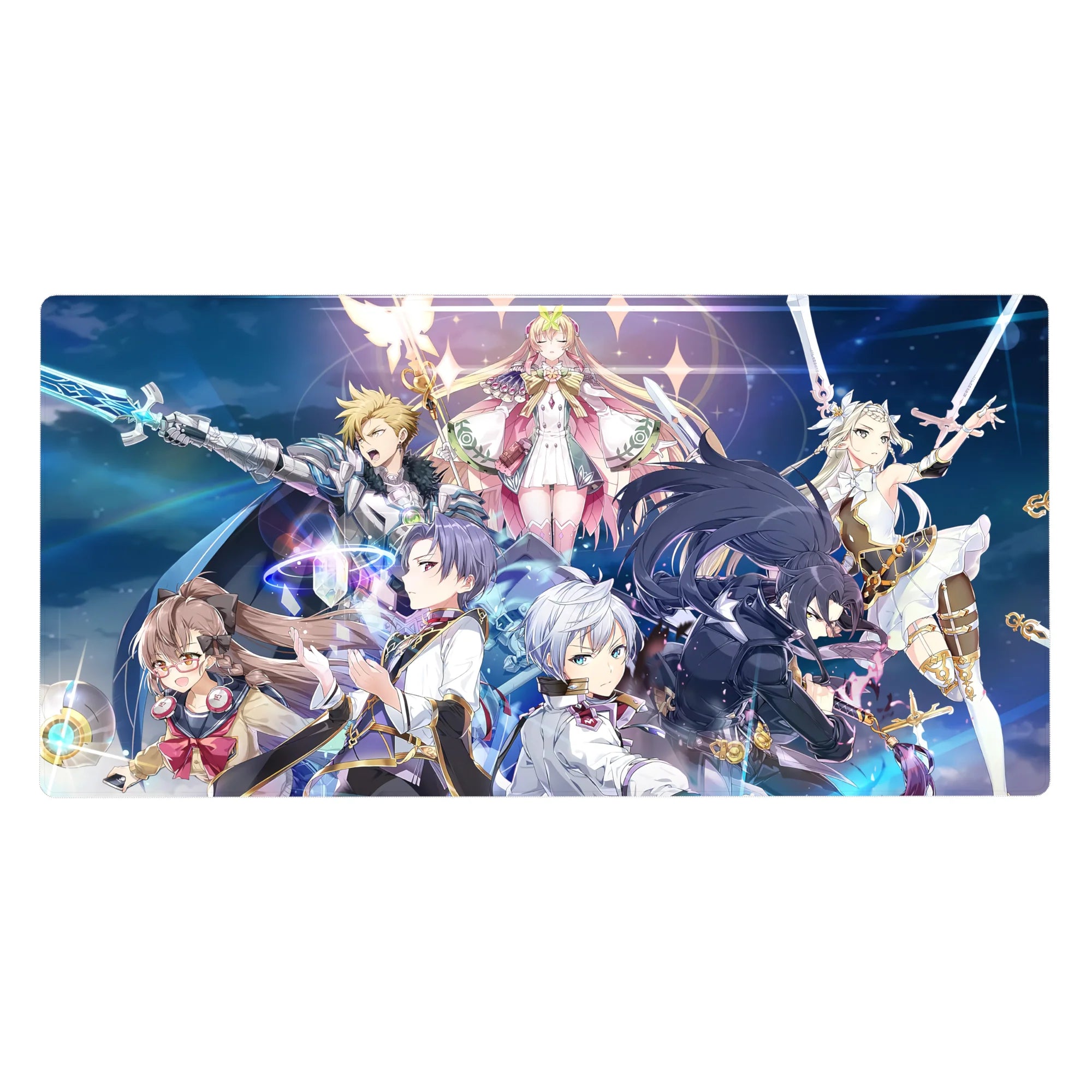 Anime girl desk pad 40x20 inches with fantasy skydive squad, glowing swords, crisp uniforms, neon rings.
