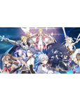 Anime girl desk pad 40x20 inches with fantasy skydive squad, glowing swords, crisp uniforms, neon rings.