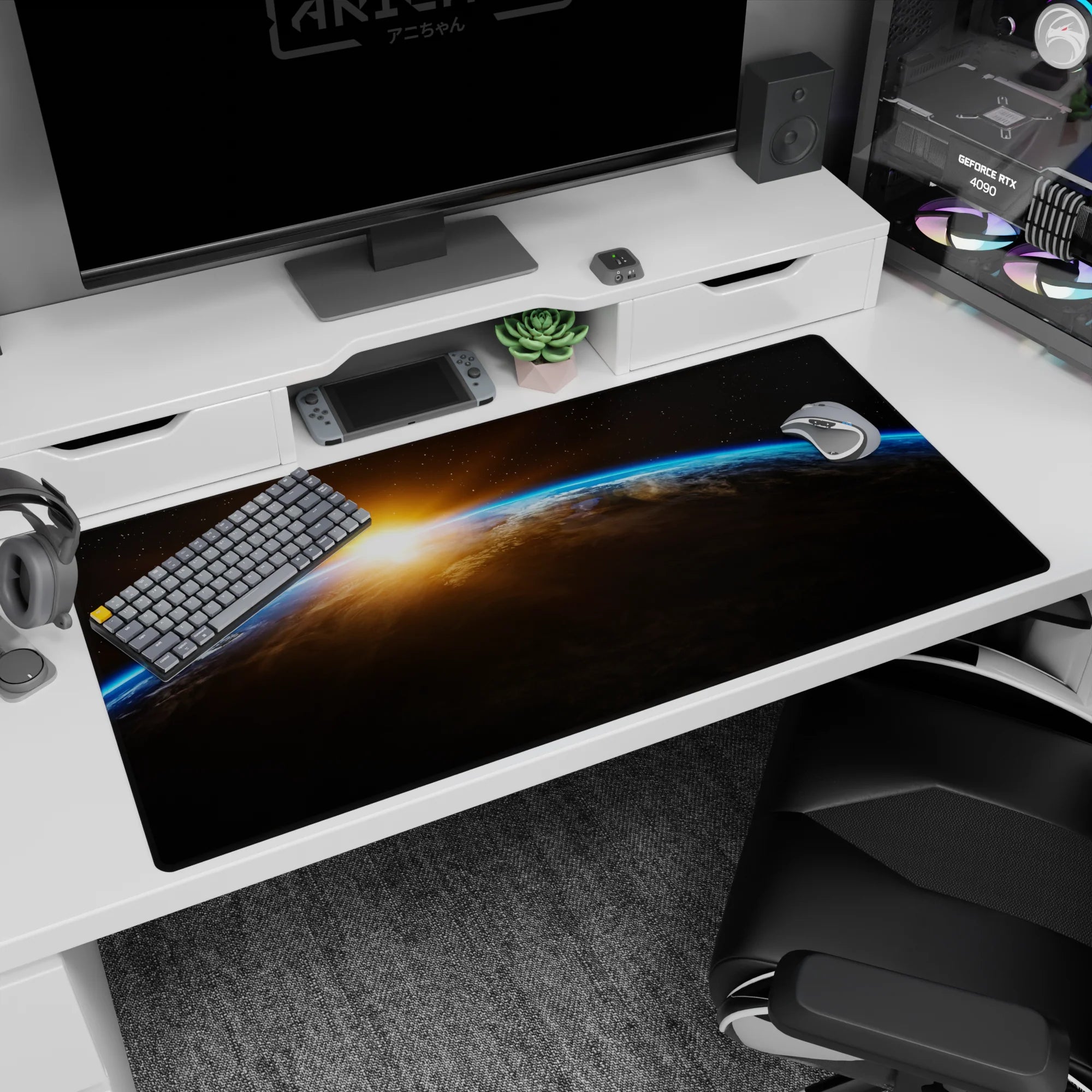 Earth horizon sunrise scene desk pad, 40x20 inches, curved planet edge with neon blue rim in space.