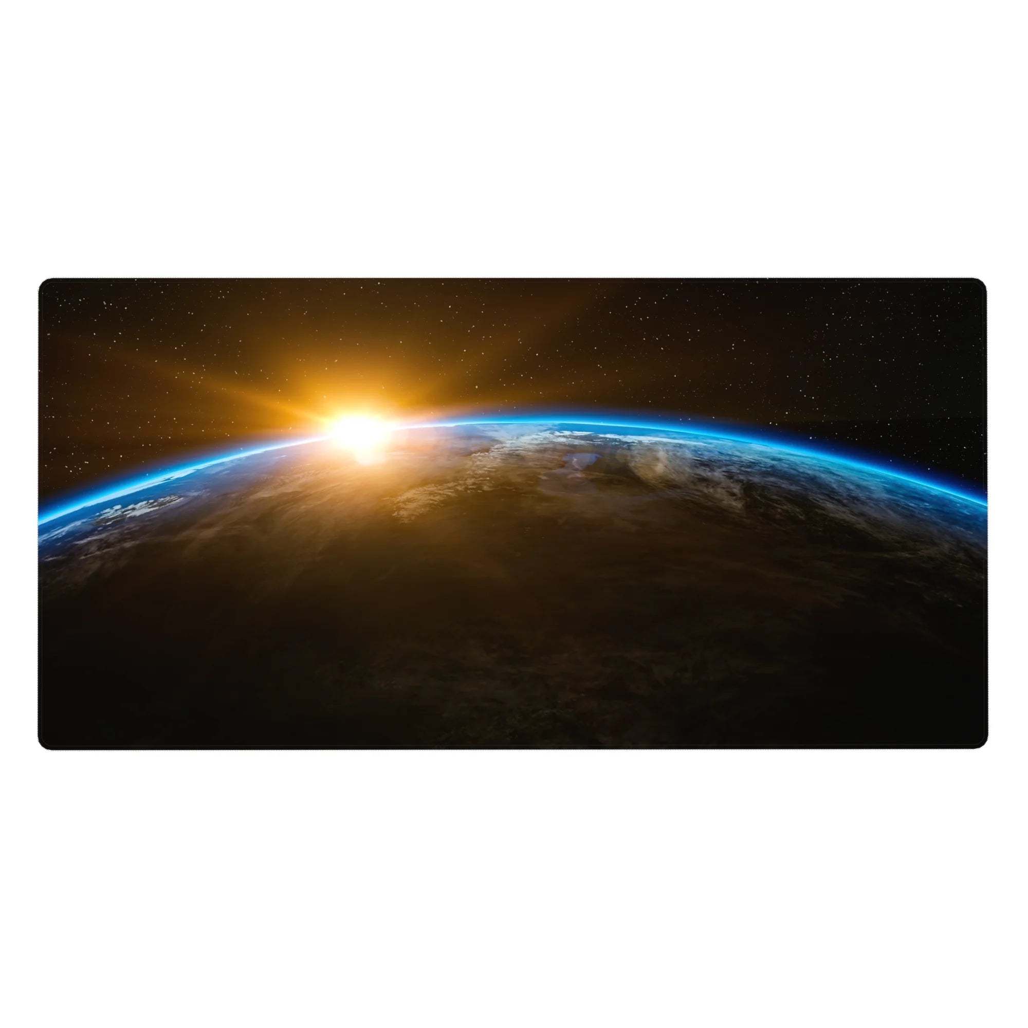 Space sunrise over Earth desk pad, 40x20 inches, starry black sky and glowing blue rim design.