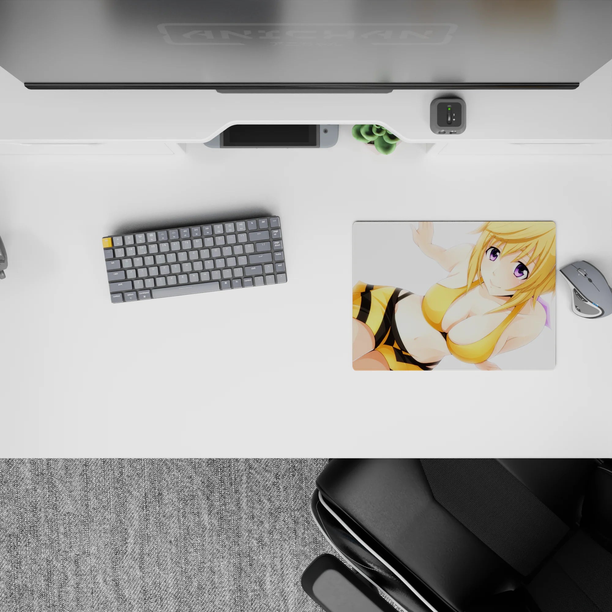 Bright warm anime mouse pad 14x10 inches in golden yellow, black stripes and soft purple eyes on white.