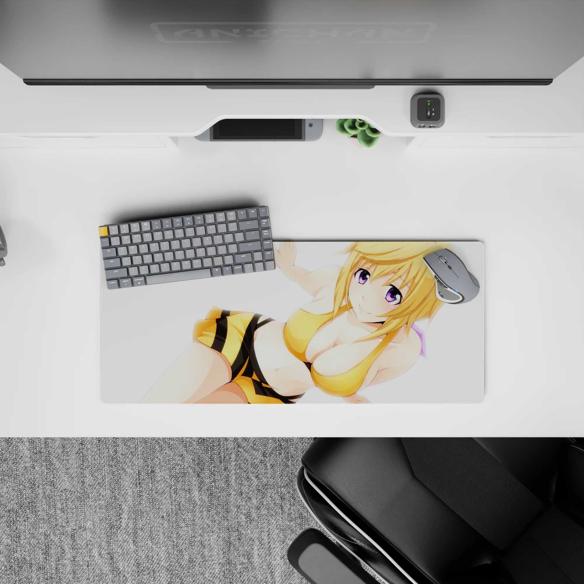 28x12 inches anime desk mouse pad with warm purple-eyed smile, bright crisp print, clean white and yellow tones.