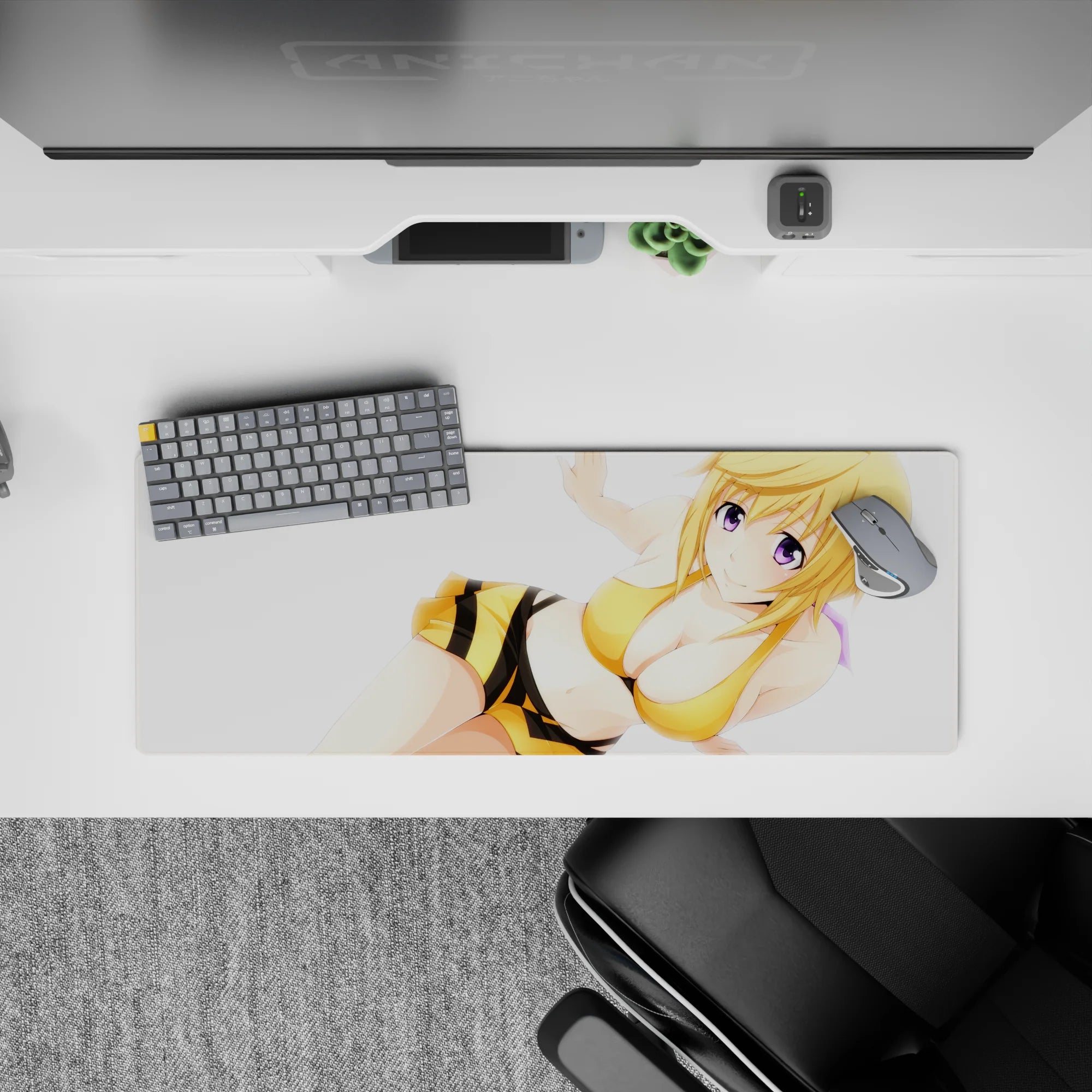 32x12 inches desk mouse pad in warm honey-yellow and black stripes with soft purple-eyed anime vibe.