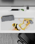 32x12 inches desk mouse pad in warm honey-yellow and black stripes with soft purple-eyed anime vibe.