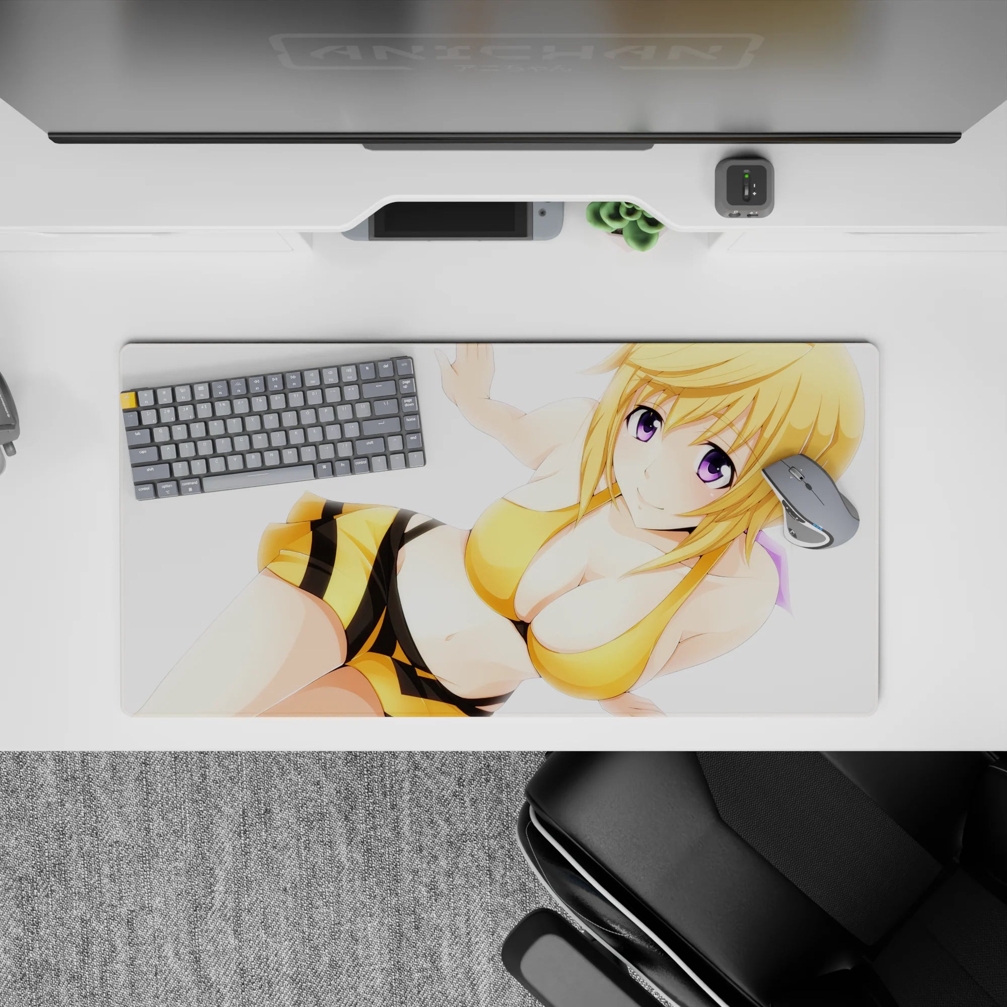 32x16 inches anime mouse pad with bright white space, golden hair, honey-yellow and black stripes, warm vibe.