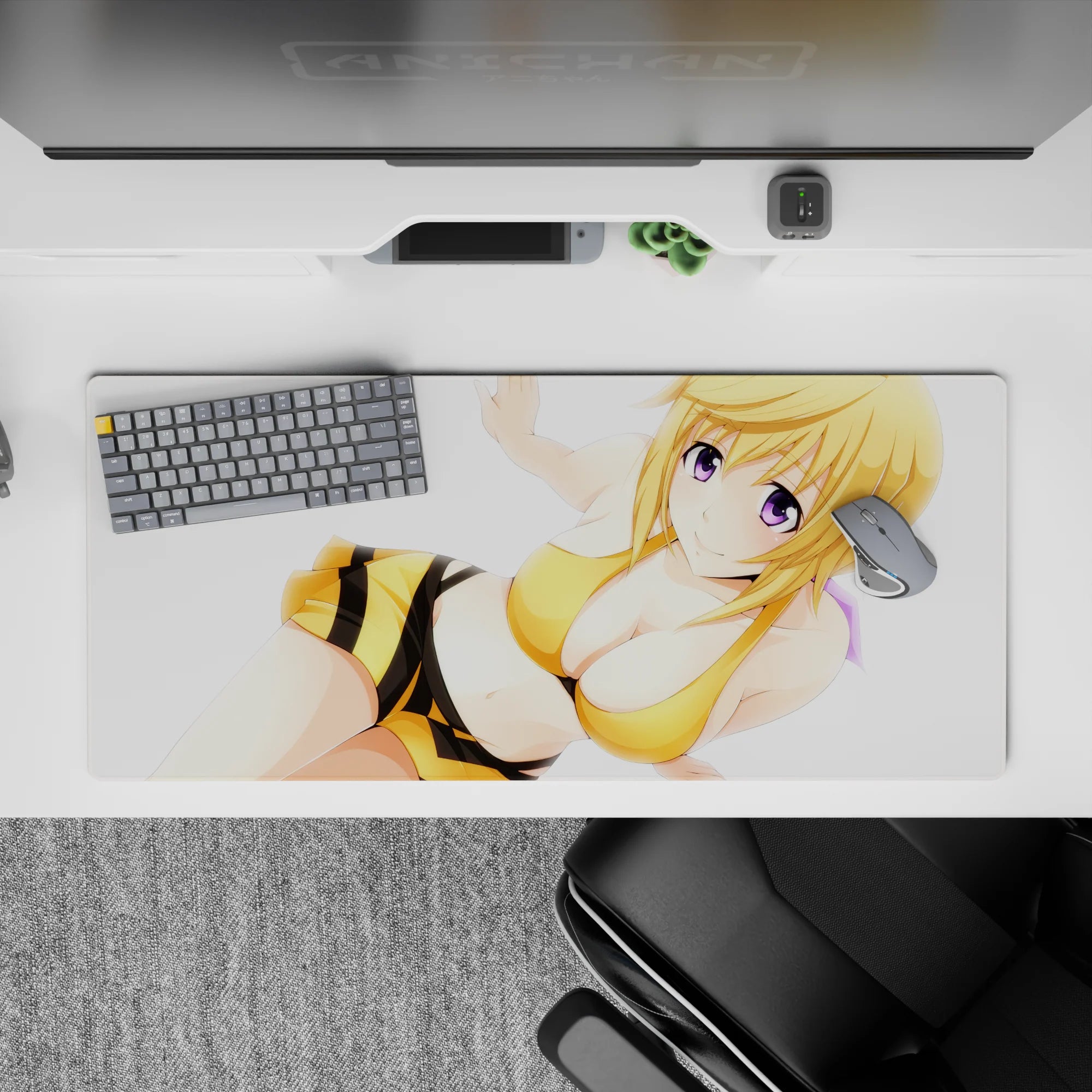 36x16 inches desk pad with warm playful vibe, purple eyes, honey-yellow and black stripes on white.
